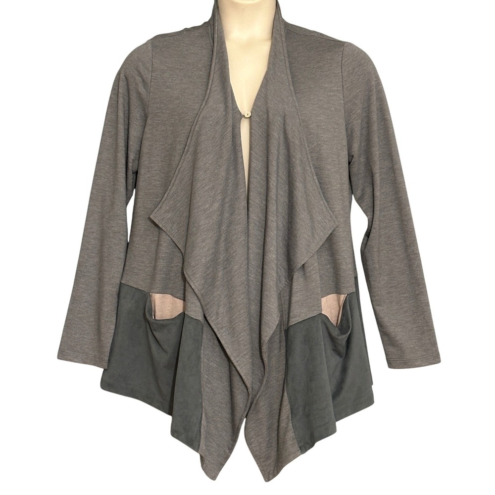 LOGO Lounge Womens Top L Gray Soft Knit Drape Front Cardigan Lagenlook Layer